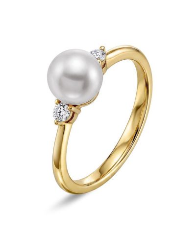 Ring i gult gull med perle og diamanter 0,10 ct W/SI