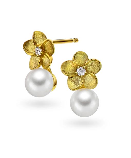 Øredobber i gull m/dia. 0,04 WSI , blomst, perle