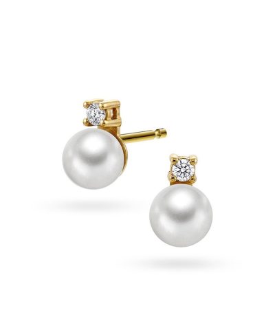 Øredobber i gult gull med perle og diamanter 0,06 ct W/SI
