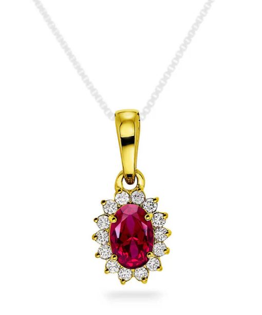 Anheng i gult gull med diamant og rubin 0,14 ct WSI