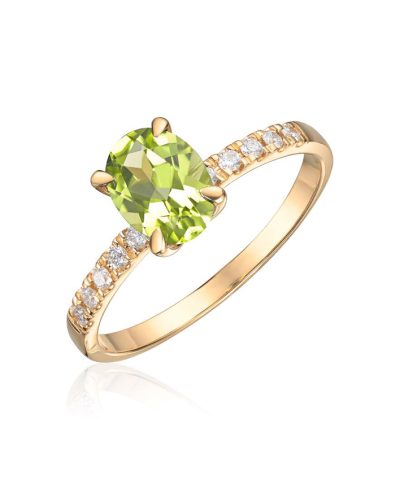 Ring Olivia i gult gull med 0,12ct WSI og peridot oval midtstein