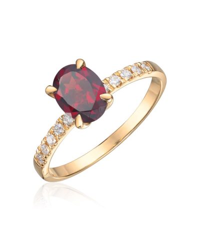 Ring Olivia i gult gull med 0,12ct WSI og granat oval midtstein