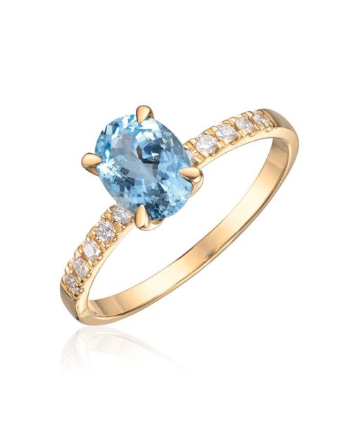 Ring Olivia i gult gull med 0,12ct WSI og akvamarin oval midtstein