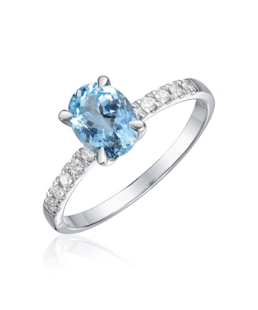 Ring Olivia i hvitt gull med 0,12ct WSI og akvamarin oval midtstein