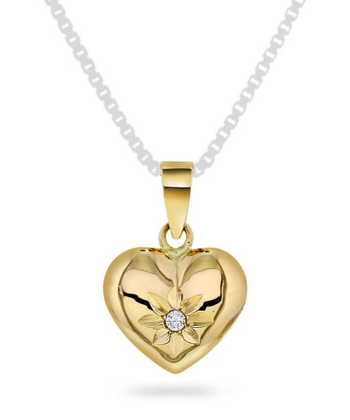 Hjertesmykke i gult gull med zirkonia