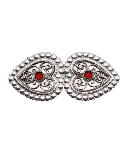 Hårspenne med perlekant og raud stein, oksidert